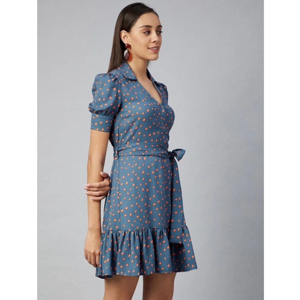 Women's coral polka dot polyester short sleeve above knee dress