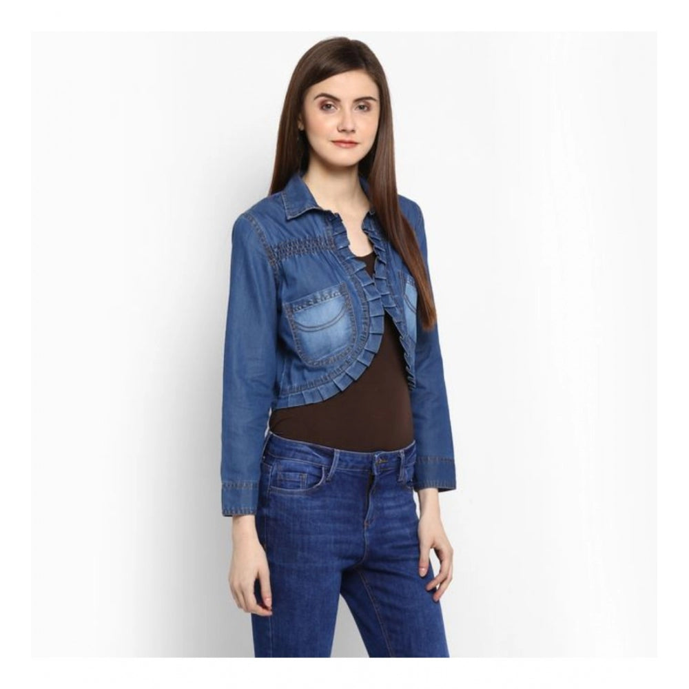 Blue denim pleated 3/4 sleeves shrug for women, great layering piece