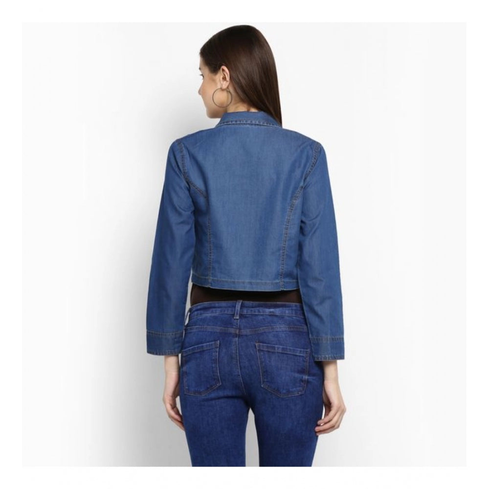 Blue denim pleated 3/4-sleeve shrug, casual women's fashion accessory for layered outfits