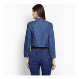 Blue denim pleated 3/4-sleeve shrug, casual women's fashion accessory for layered outfits