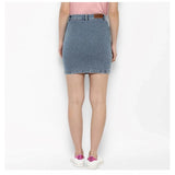 Blue denim draw string buttoned skirt for women, casual style on model