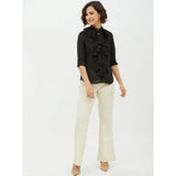 Black polyester ruffled long-sleeve shirt, mandarin collar style on model