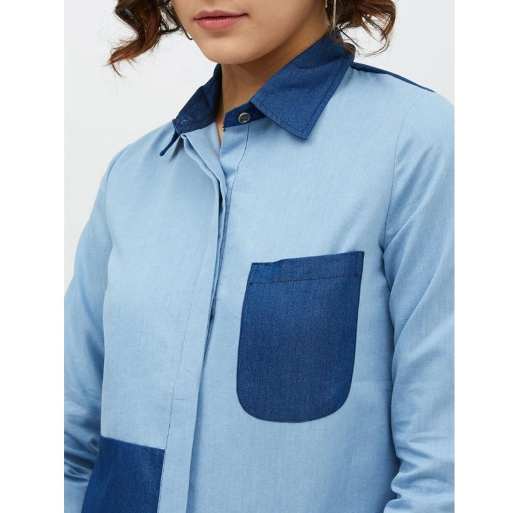 Blue denim patch work long sleeves shirt for women, standard length with collar neck