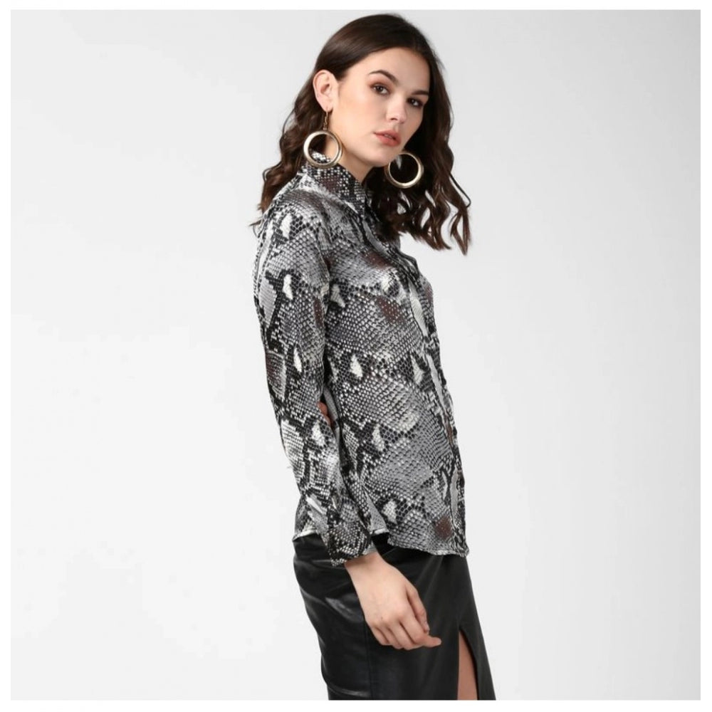 Black & Grey satin animal print long sleeves shirt, women's standard length fashion top with collar neckline