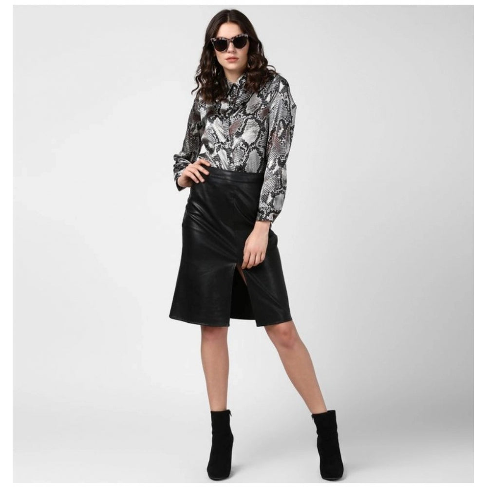 Black & Grey satin animal print long sleeve shirt on hanger