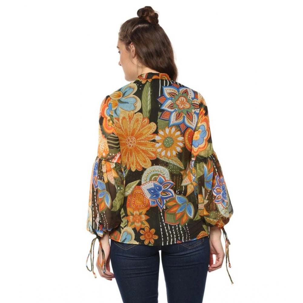 Mustard & Olive polyester balloon sleeve top with floral pattern, women's fashion wear