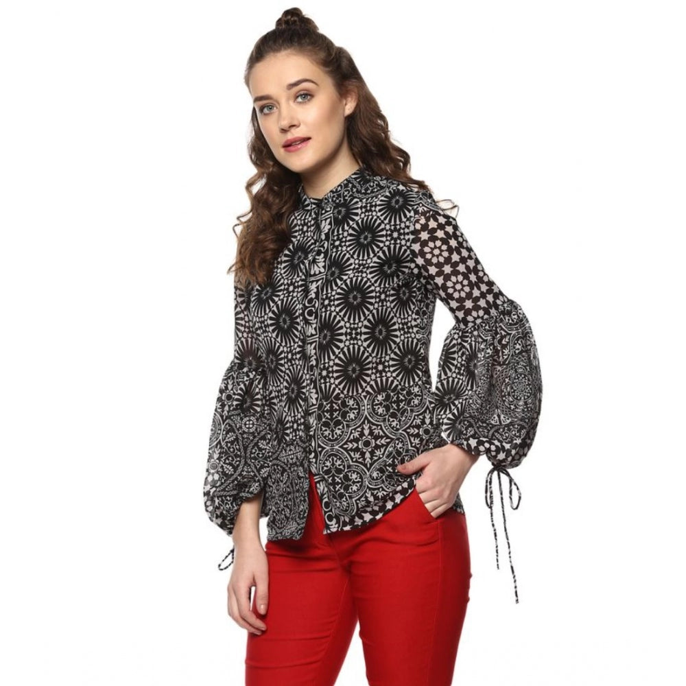Black & White polyester printed balloon sleeve top for women, stylish balloon sleeves fashion top