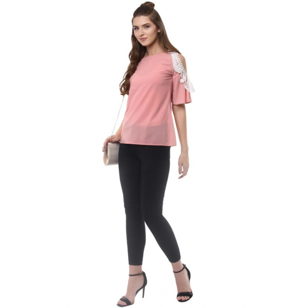 Women's pink polyester lace half sleeve top with round neck, lace inserts detail