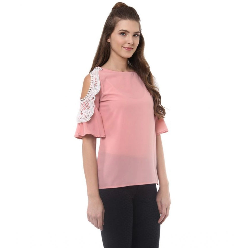 Women's pink polyester lace half sleeve top with round neck, lace inserts detail
