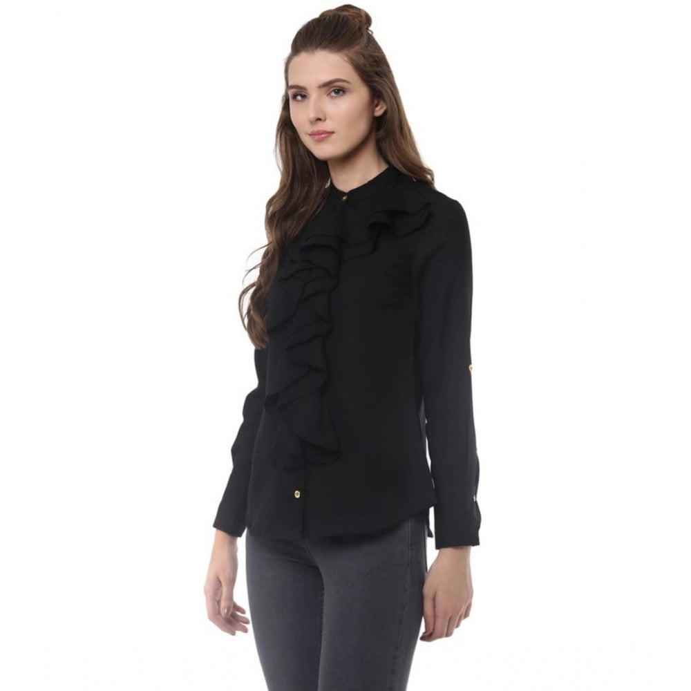 Black polyester ruffled long sleeves top with closed neck, fashionable women's clothing for casual wear