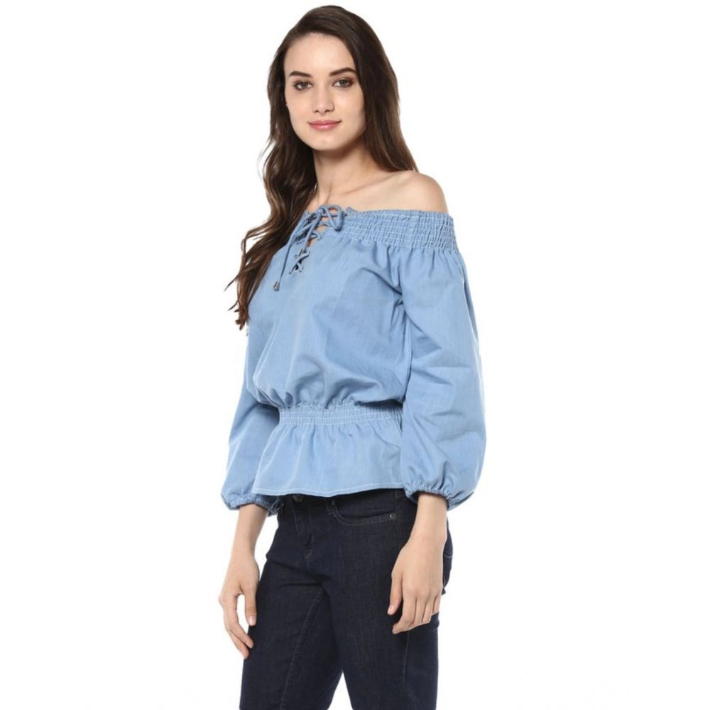 Blue denim women's off-shoulder 3/4th sleeves regular top, solid design