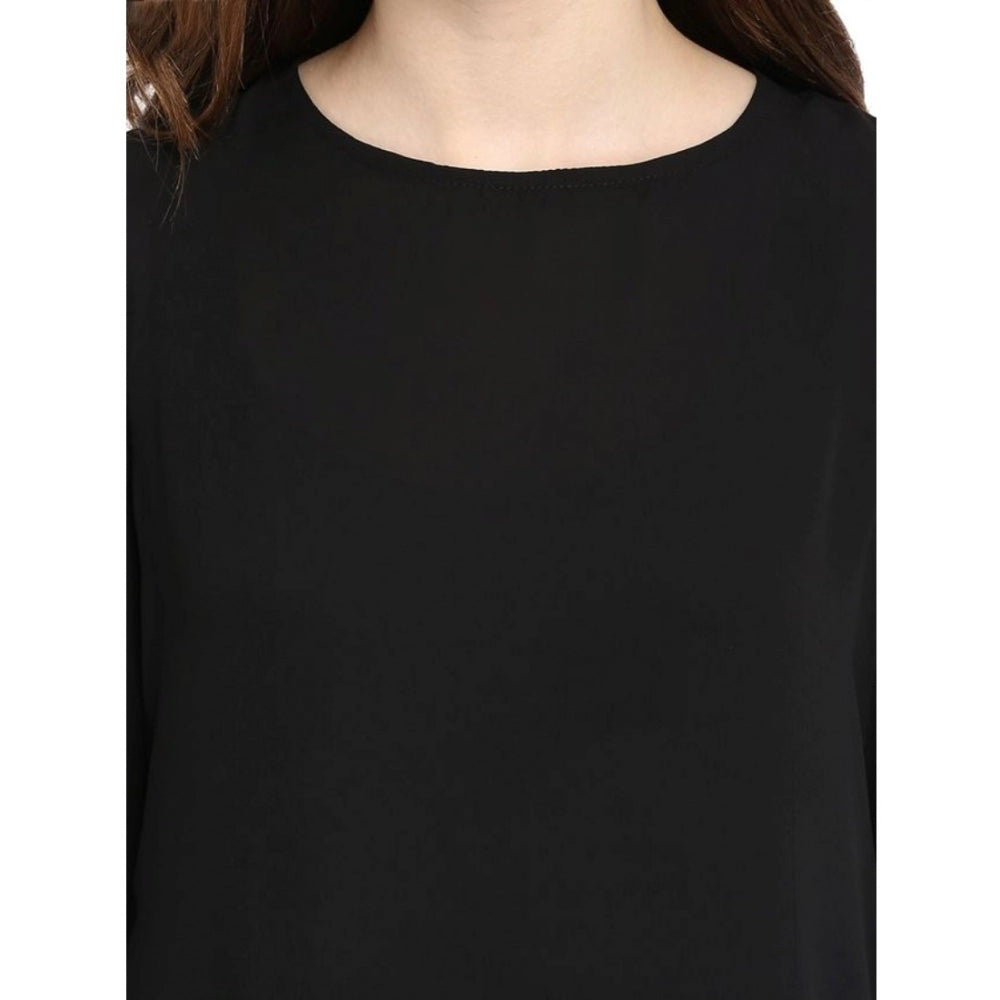 Black polyester georgette bell sleeve top with self-design pattern, round neck, regular length