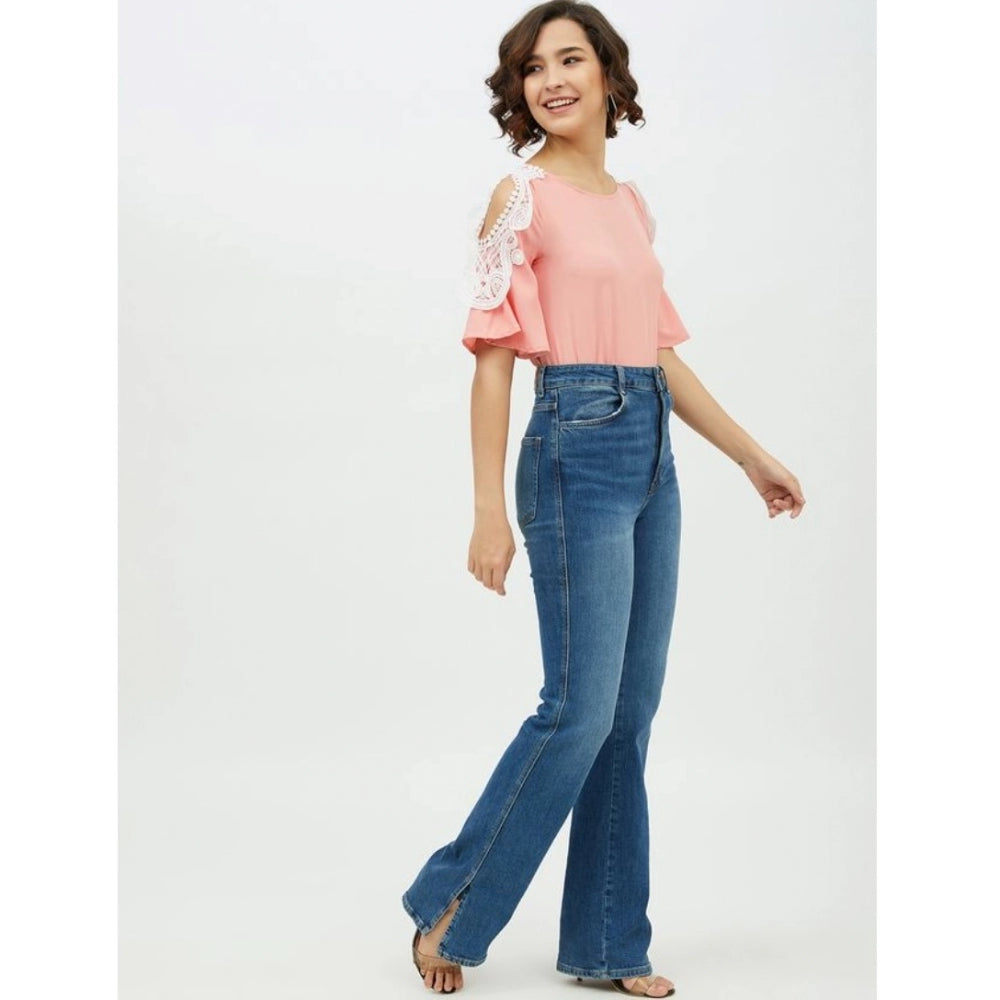 Pink polyester lace cold shoulder top with round neck, fashionable women's clothing accessory on mannequin