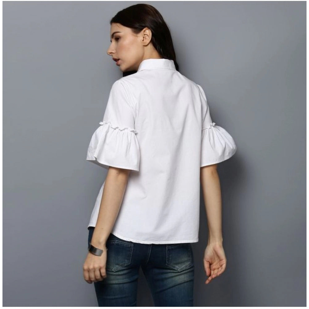 Women's white cotton solid bell sleeve top with collar, perfect for casual outfits