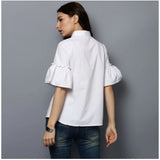 Women's white cotton solid bell sleeve top with collar, perfect for casual outfits