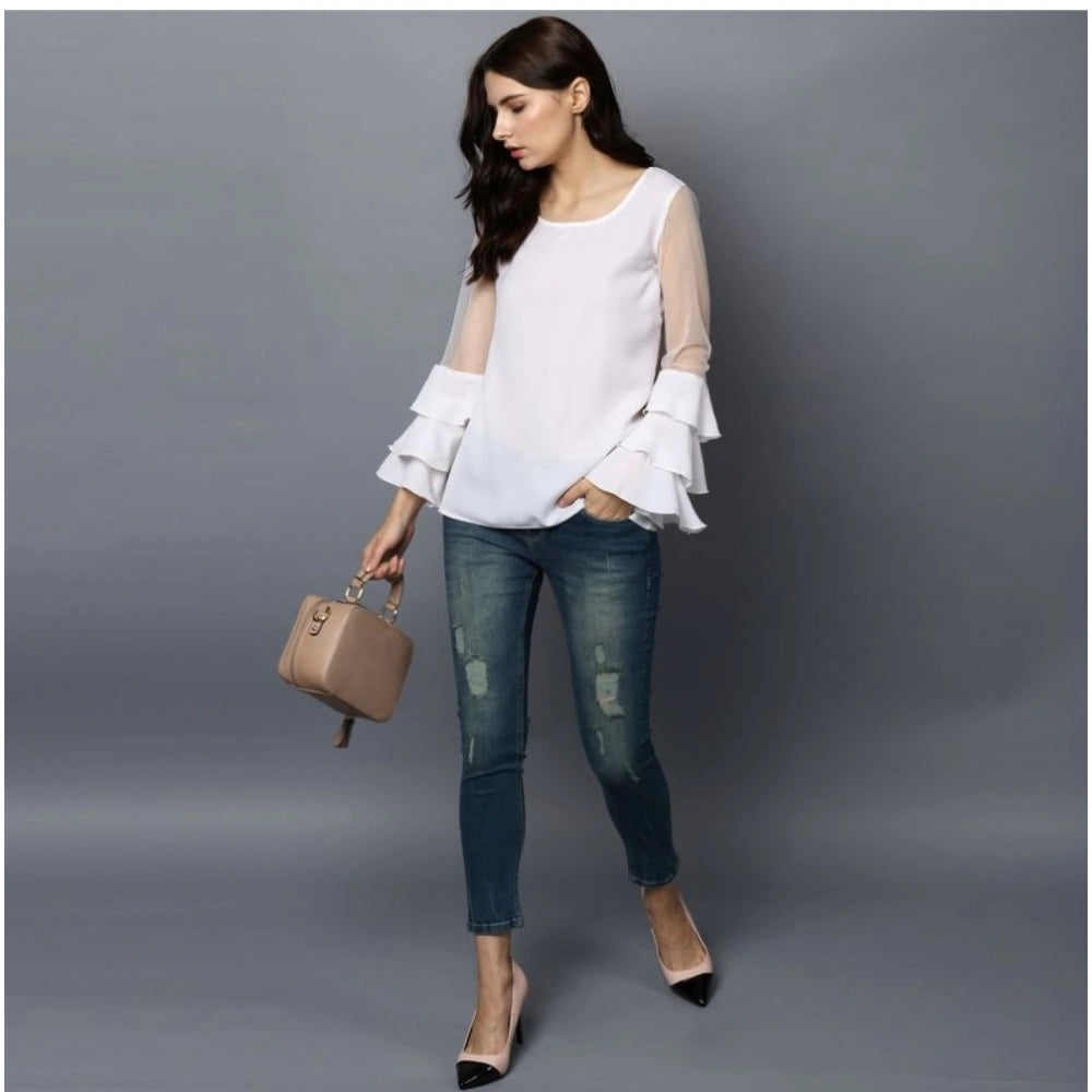 Women's white polyester tier sleeve top - solid, round neck, fashionable wardrobe staple