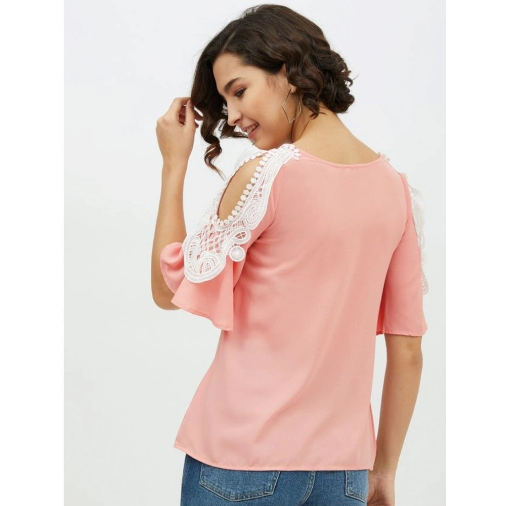 Pink polyester lace cold shoulder top with round neck, fashionable women's wear for casual occasions