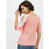 Pink polyester lace cold shoulder top with round neck, fashionable women's wear for casual occasions