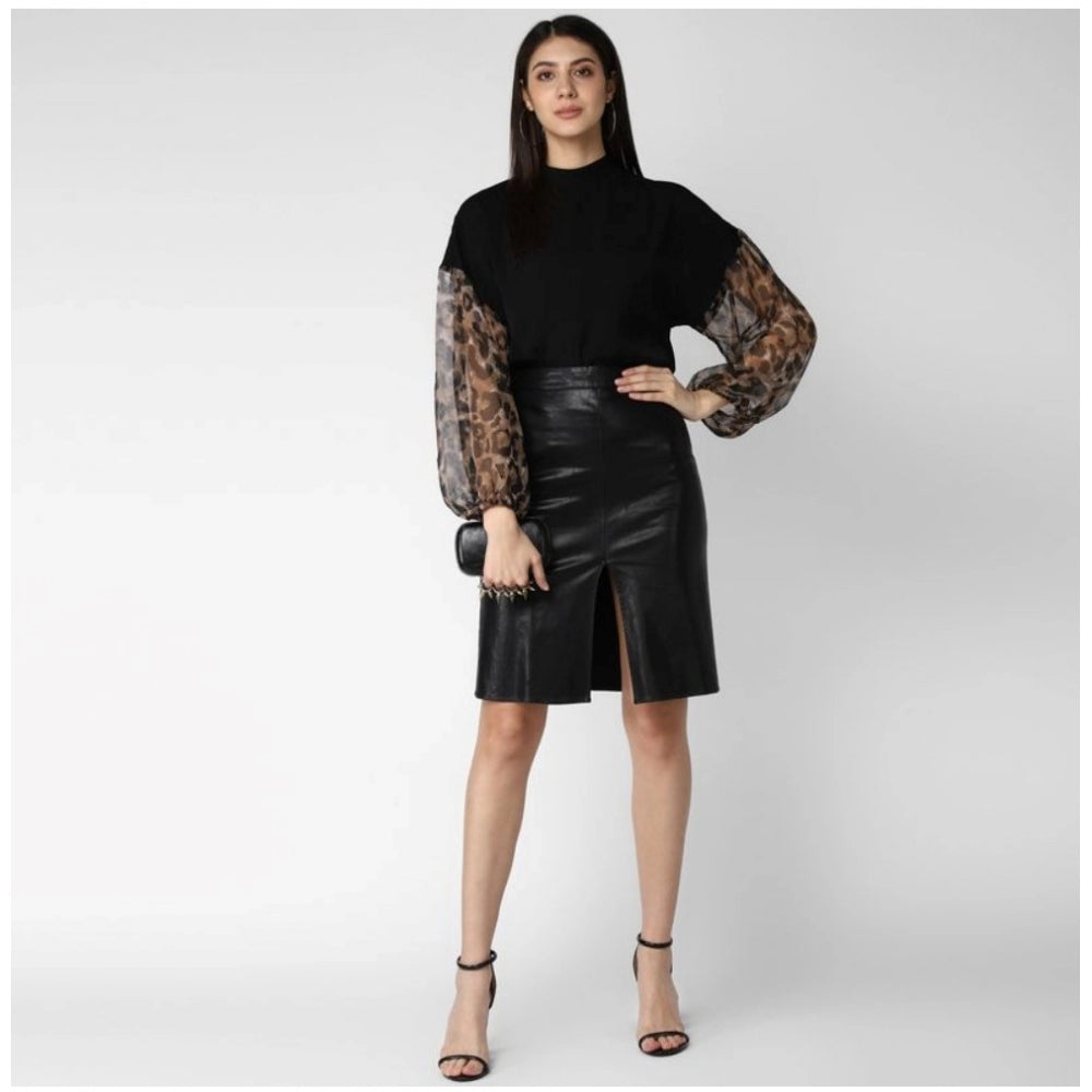 Black polyester animal print long sleeves top for women, closed neck, vibrant pattern detail