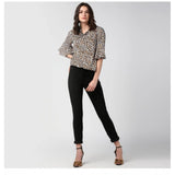 Orange and black polyester animal print bell sleeve top for women's fashion, close-up view of collar and sleeves