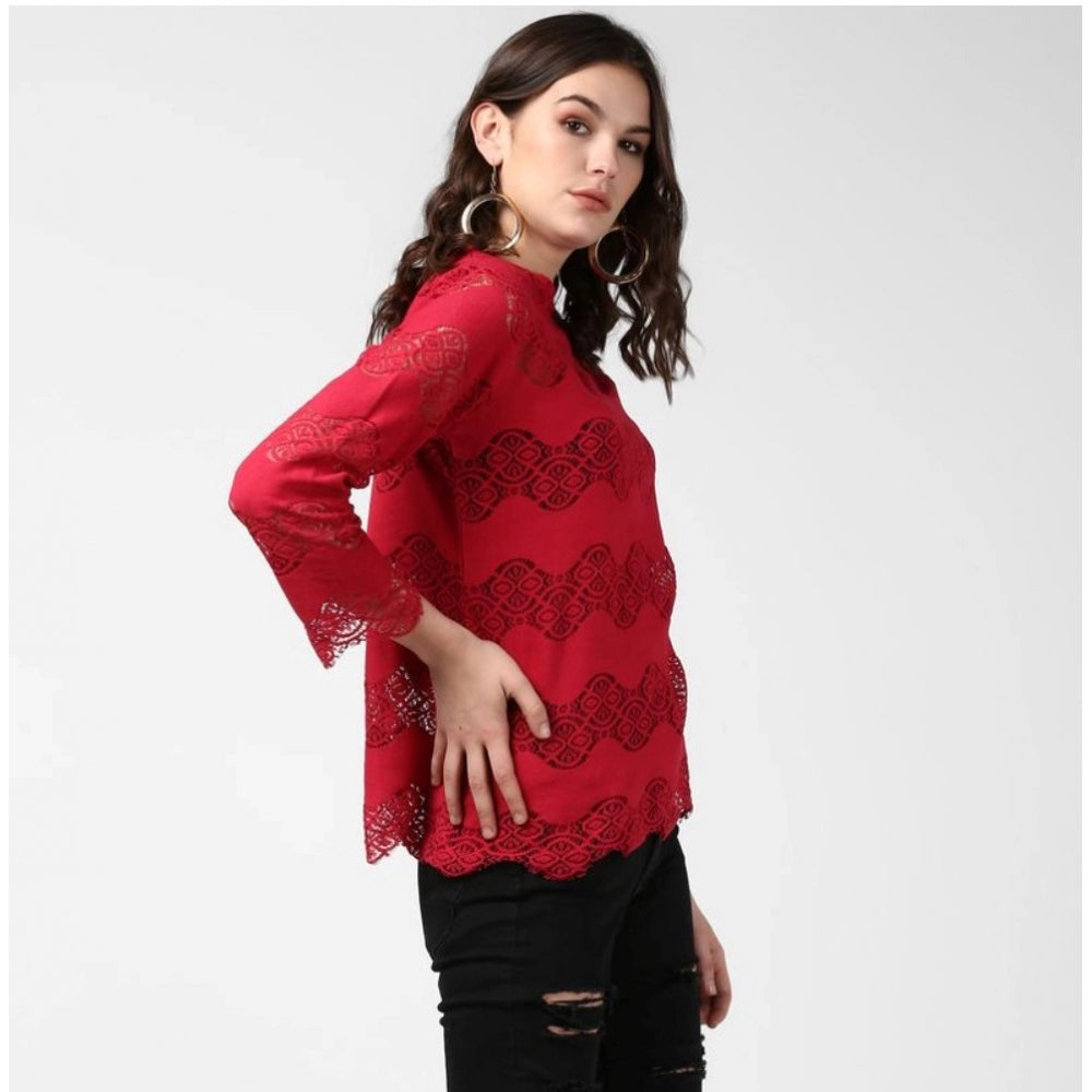 Maroon cotton self-design long sleeve top for women, stylish self-designed pattern on round neck
