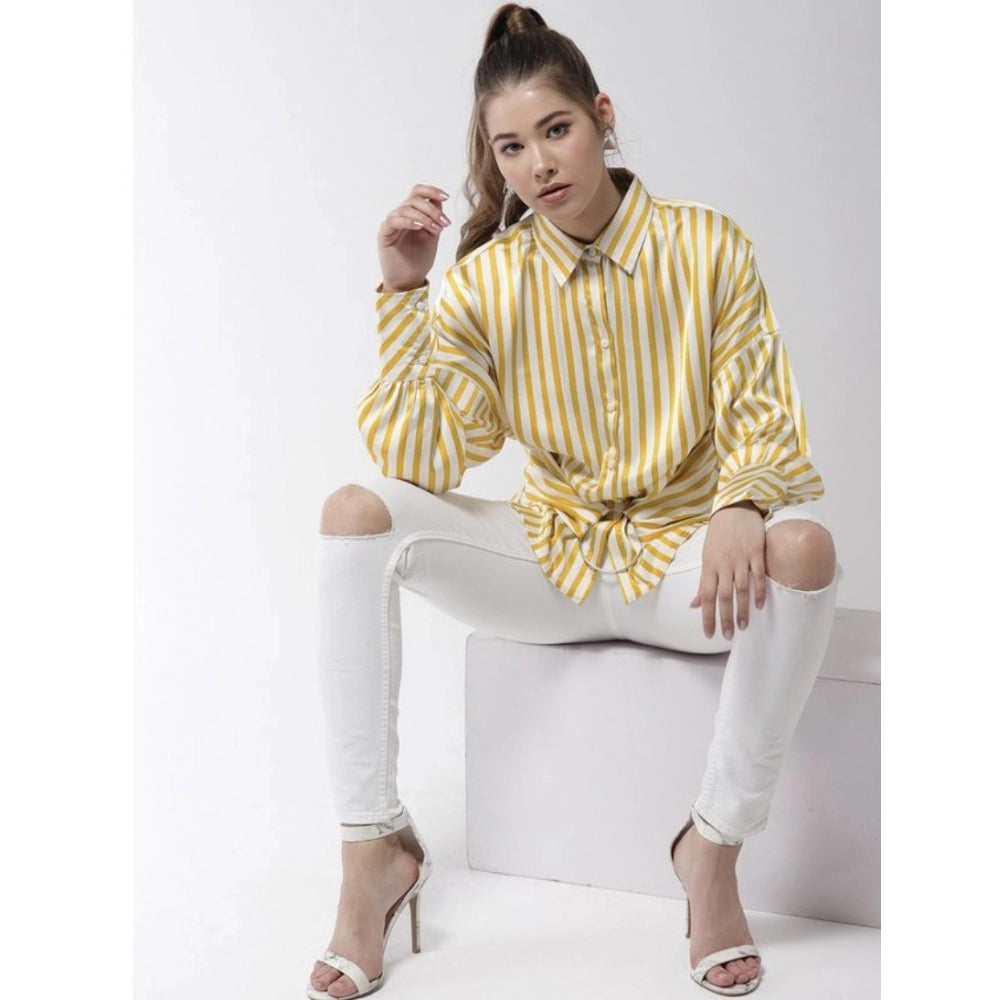 Women's yellow polyester striped long sleeves top with collar, vibrant stripes on a versatile fashion essential