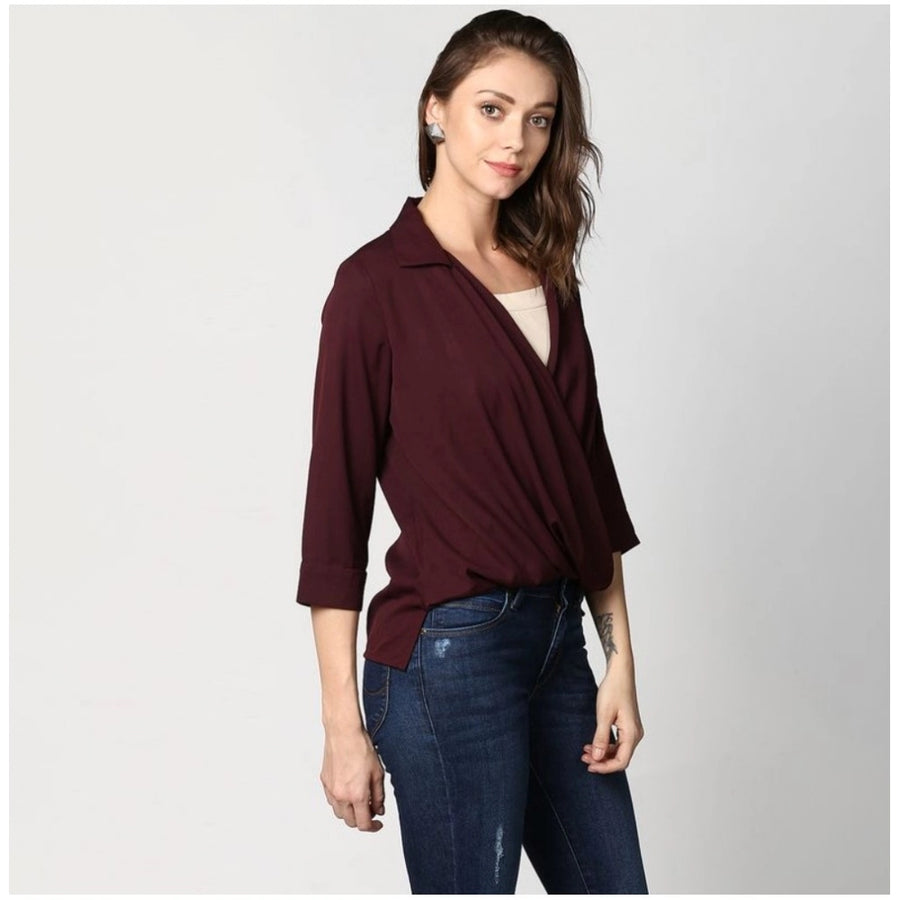 Maroon polyester solid 3/4th sleeves top for women, perfect for casual wear