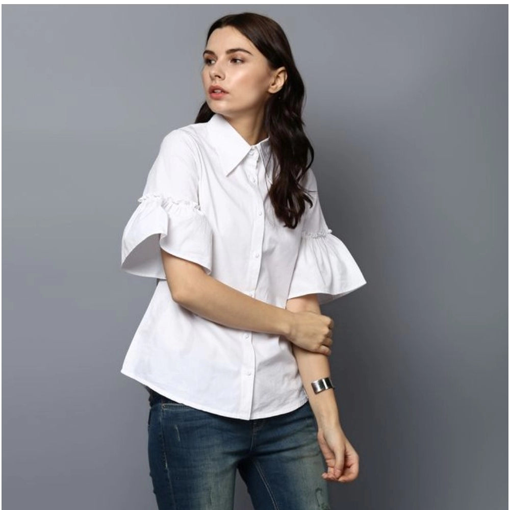 Women's white cotton solid bell sleeve top, classic collar style on mannequin