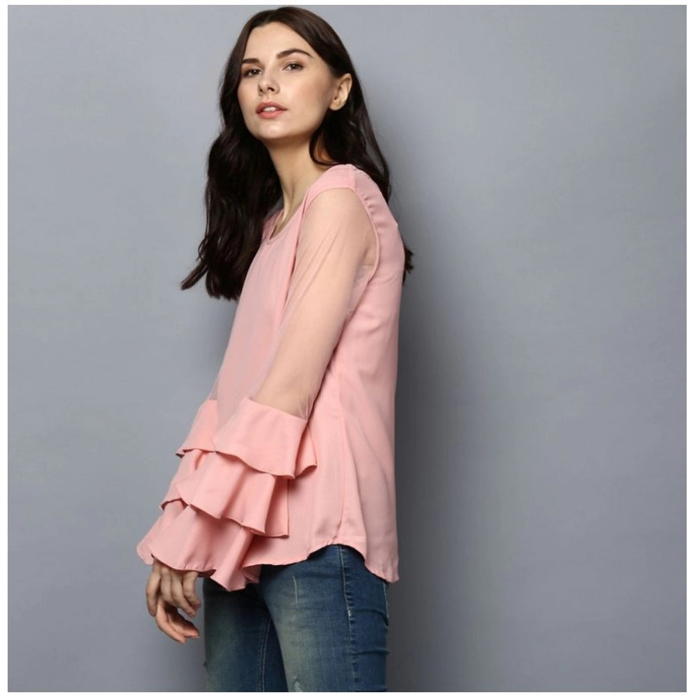 Pink polyester solid tier sleeve top for women's fashion, round neck design, vibrant color variation may occur due to lighting and screens