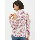 White polyester floral cold shoulder shirt with standard length, featuring intricate floral pattern and revealing cold shoulder design