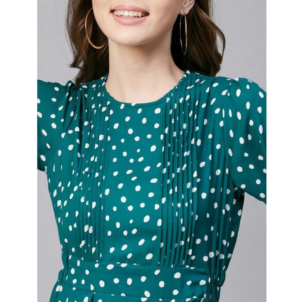 Green and white women's polka dot long sleeve dress with a frill neckline