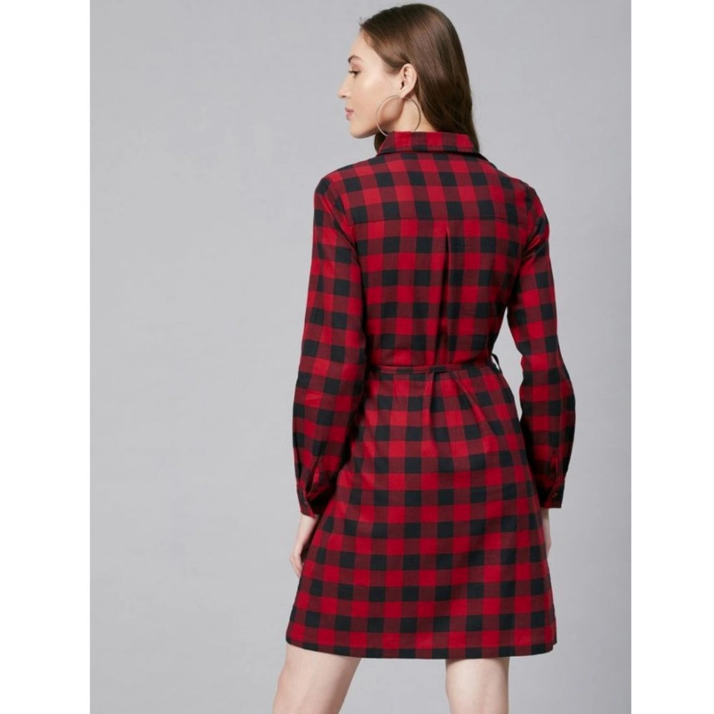 Red and black plaid womens long sleeve midi dress cotton material