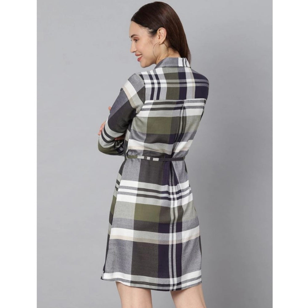 Women's olive and white checkered cotton long sleeve dress