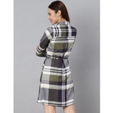 Women's olive and white checkered cotton long sleeve dress