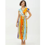 Women's satin dress with cap sleeves, calf length, featuring a multicolored chain print design