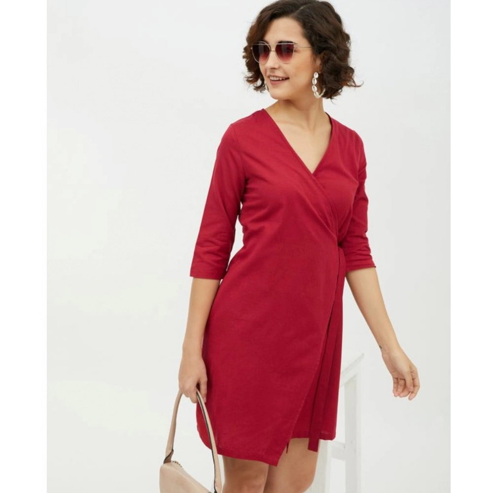Red cotton long sleeve dress with V-neck above knee