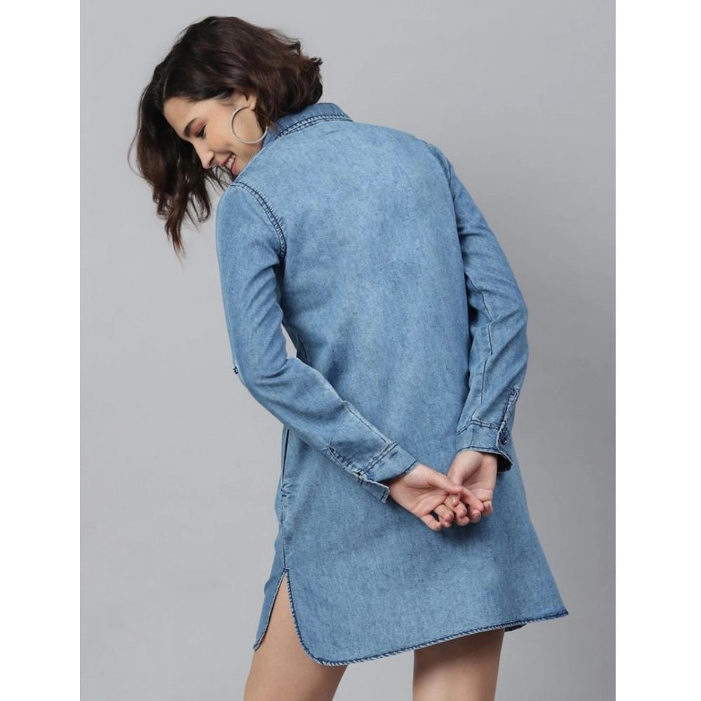 Ice blue denim long sleeved dress above knee, solid design