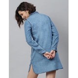 Ice blue denim long sleeved dress above knee, solid design