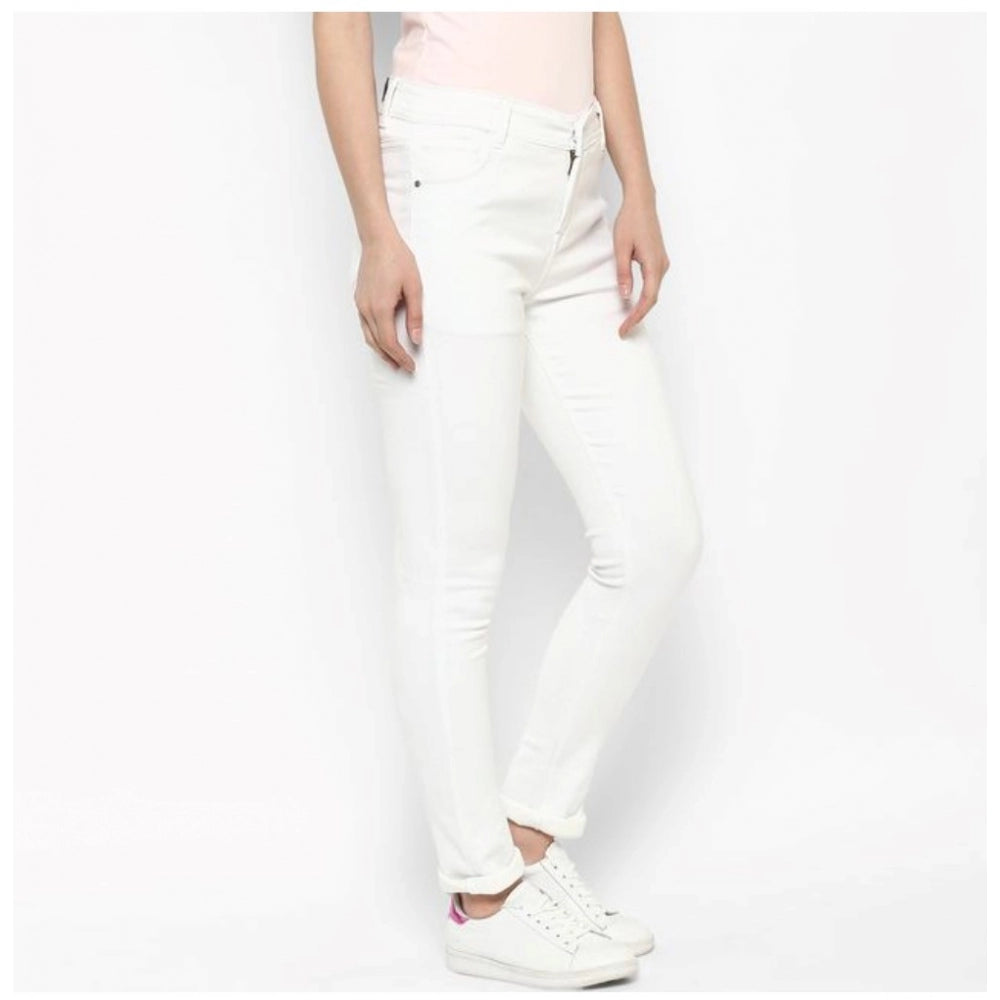 White denim solid buttoned jeans for women on model, versatile wardrobe essential