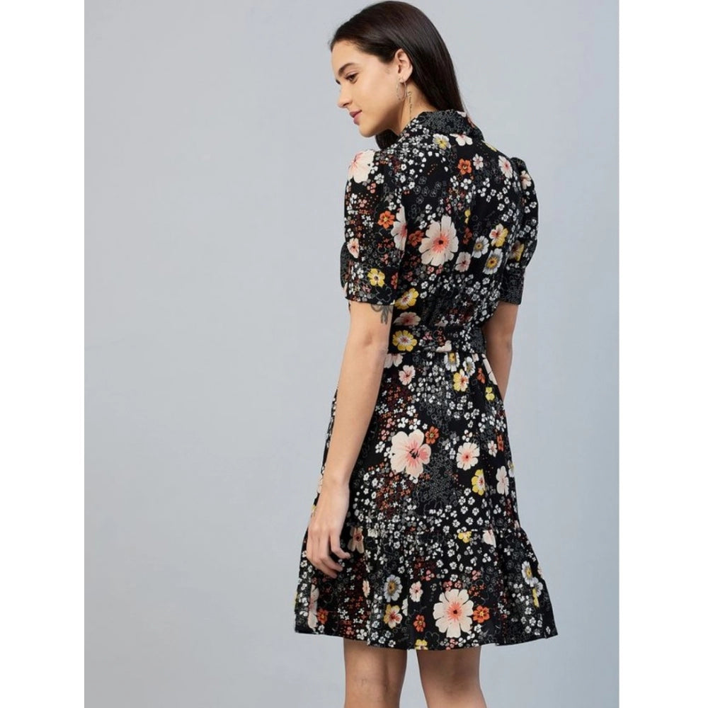 Black floral print dress, short sleeve, above knee length