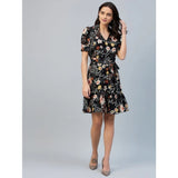Black polyester short sleeve dress with floral print above knee