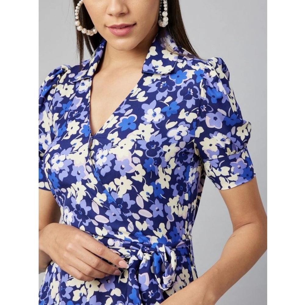Women's floral patterned short sleeve dress in blue and purple polyester fabric