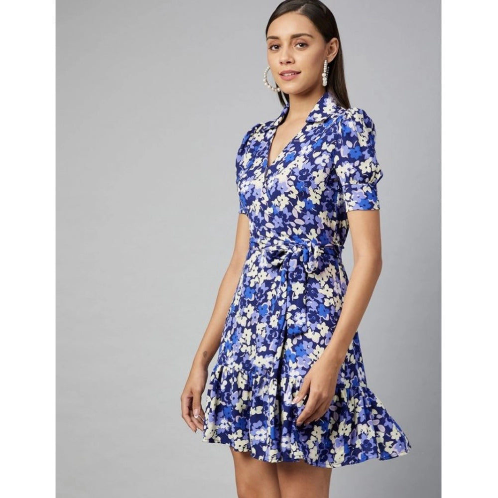 Women's short sleeve floral print dress in blue, above knee length