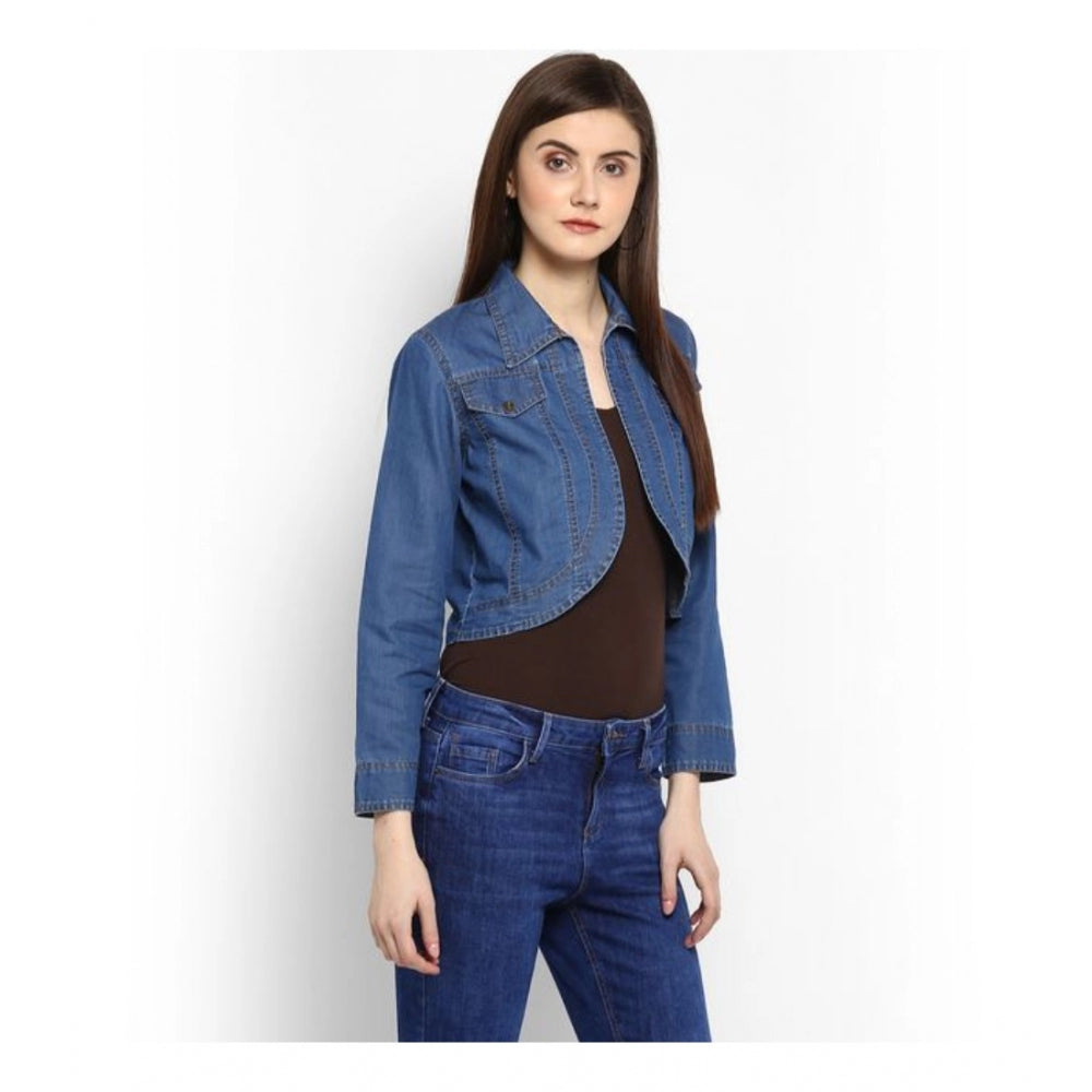 Blue denim solid 3/4th sleeves shrug for women's casual wear, collar neckline style