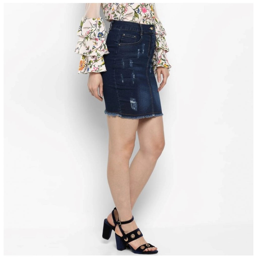 Blue denim distressed buttoned skirt for women, featuring a worn-in pattern and fastened waist