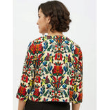 Multicolor polyester floral 3/4th sleeves shrug for women, vibrant floral pattern on display