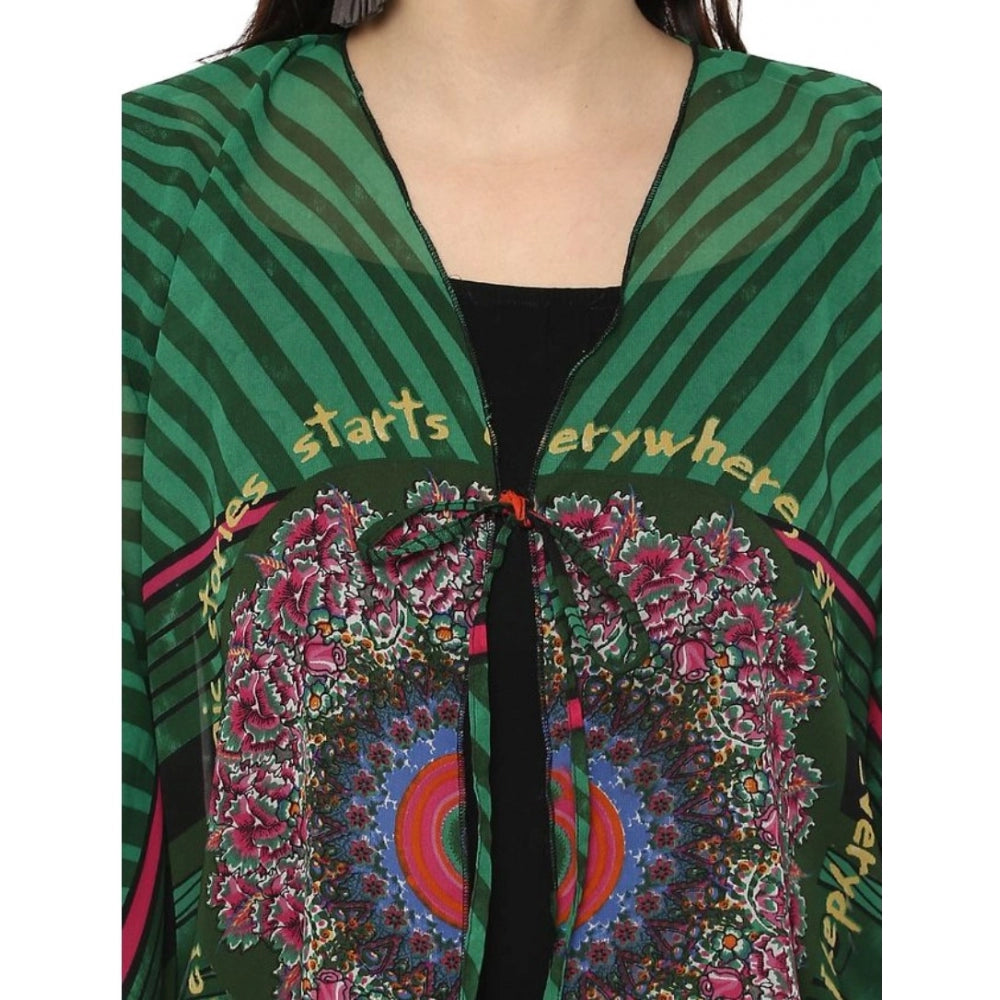 Green & multicolor printed polyester kaftan sleeve shrug for women, vibrant design on display stand