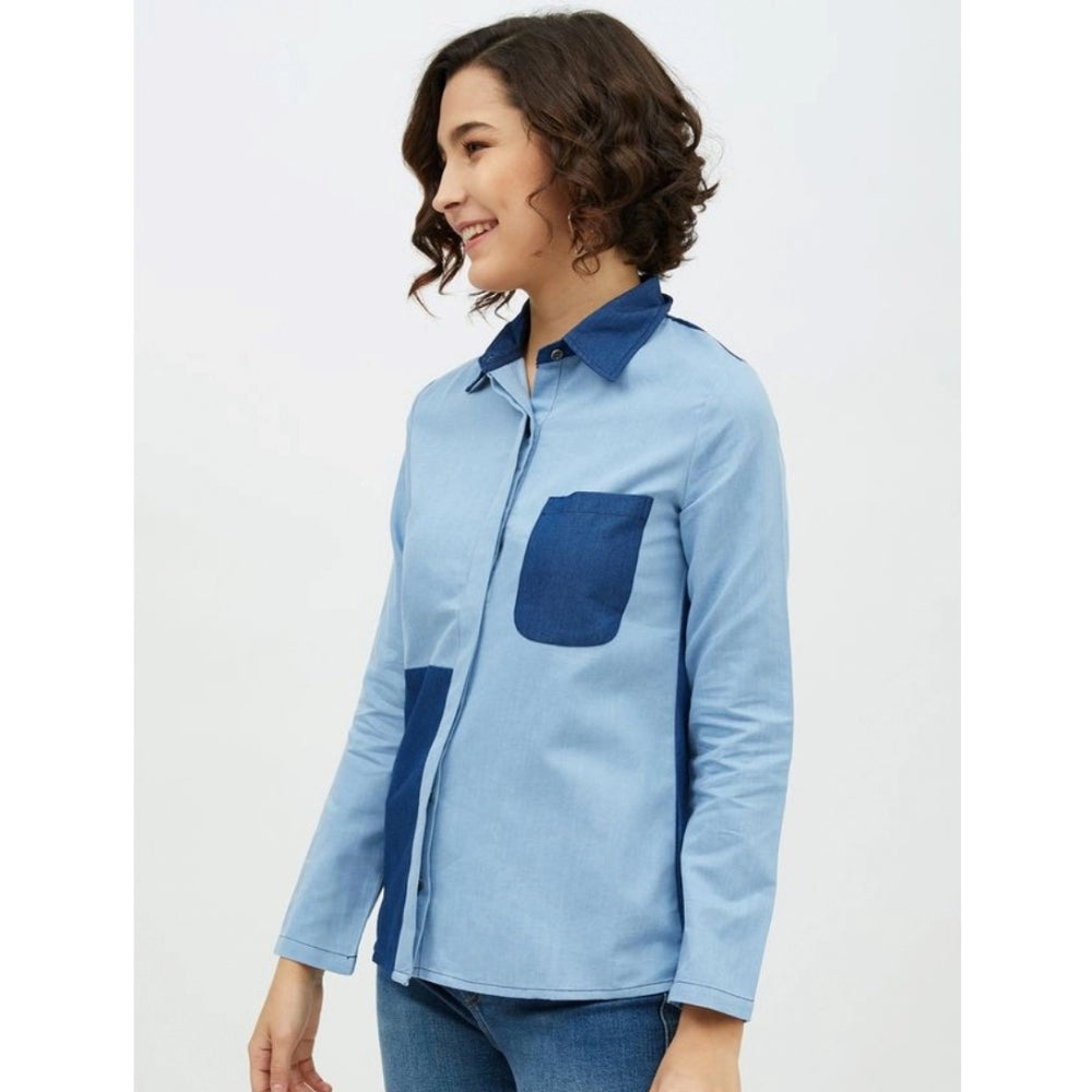 Blue denim patch work long sleeve shirt for women, standard length with collar neck