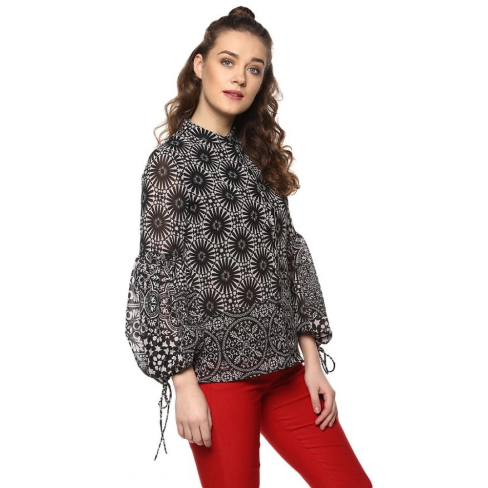Black & White polyester printed balloon sleeve top for women, featuring a collar neckline
