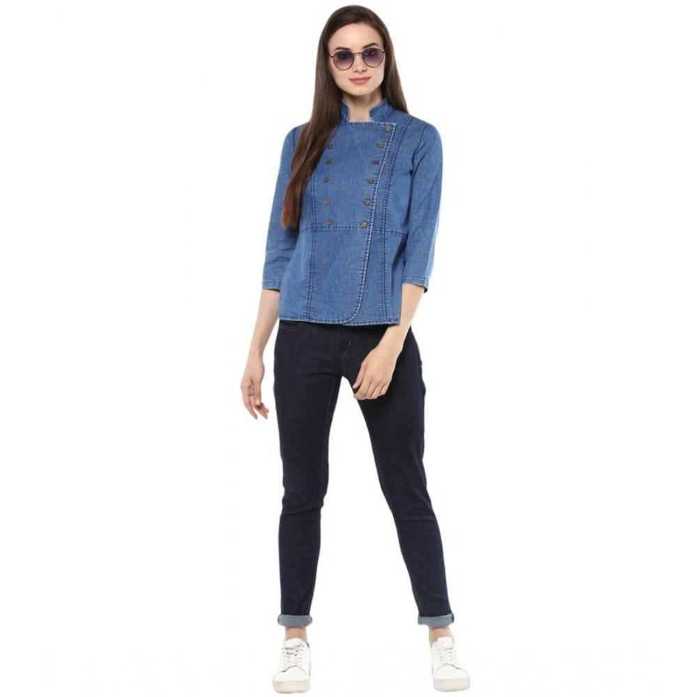 Blue denim solid 3/4th sleeves women's top, regular length on hanger